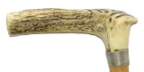 L-Shaped Handed Antler or Stag Cane with Engravings, Silver Collar