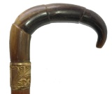 Ornate Horn Semi-Crook Handled Cane with Gold or Brass Collar
