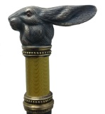 Splendid Figural Rabbt L-Shaped Cane with Mixed Metal Collar - Very Unusual and Nice Looking Cane