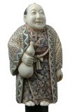 Carved Tusk or Bone Scrimshaw Figural Asian Sage Man with Medicine Bottle Cane
