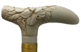 Bone or Tusk Carved T-Handle Cane with Gold Collar