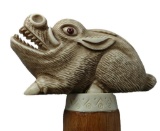 Bone or Tusk Carved Animal Figural Cane, Tusked Animal with Sharp Teeth