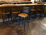 Bar Stools, Lot of 6, Iron Ladder Back & Frame w/ Wooden Seat