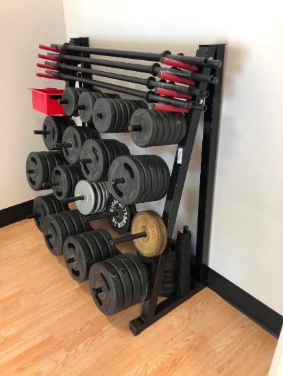 12 Sets of Barbells and Weights and Rack