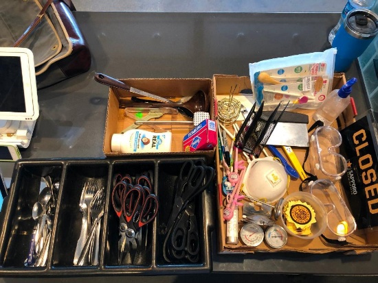 Misc Lot - Kitcken Shears, Forks, Spoons, Silverware Tray