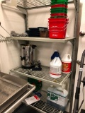 2 Wall Mount Shelving Units w/ Large Group of Cleaning Products & Buckets