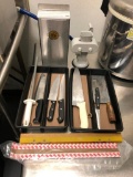 Seven Kitchen Knives, San Jamar Knife Holder, Sharpener, Top Slicer