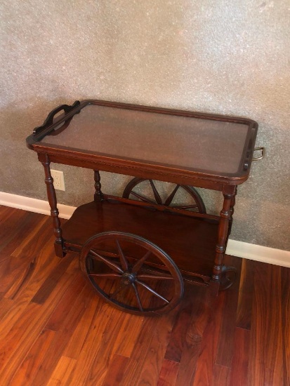 Vintage Drink Cart, Glass Top, Solid Wood