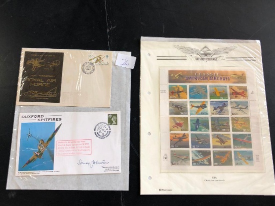 First Day Issue Stamp & Spitfire Anniversary Envelope, Sheet of Classic American Aircraft Stamps