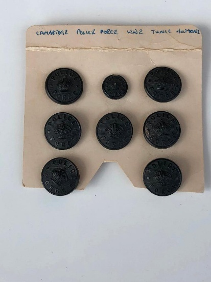 Set of English Police Uniform Tunic Buttons Used During the Blackout of WWII Cambridge Police Force