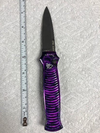 Piranha Knives CPM S30V USA Auto Open Knife, Ribbed Purple & Black Handle
