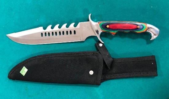 Frost Cutlery Designed by Jim Frost Serrated Fighting Knife w/ Exotic Wood Grip & Sheath