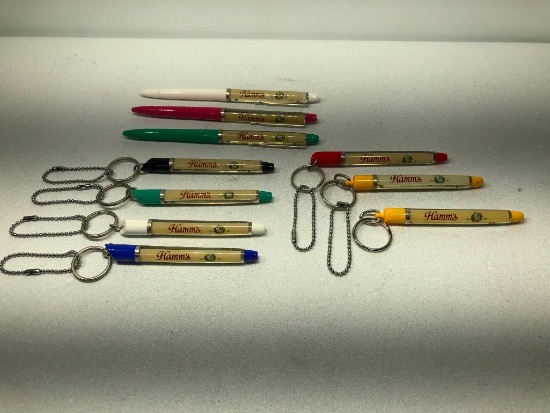 Lot of 10 Hamm's Beer Vintage Oil Fluid Floating Key Chains & Pens, Hamm's Mascots Move Around