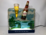 Hamm's Beer Lighted 3-D Beer Sign, Lucite Ice Block w/ Hamm's Bottle & Pilsner Glass & Lake Sign
