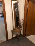 Occasional Table with Brass Birds, Mirror, Picture, Canning Supplies 3 Metal Bookshelves, Chest