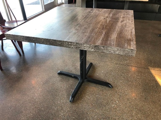 Restaurant Table, Laminate Wood Look Top, 36in x 36in x 31in Tall, Single Pedestal Base, NICE, Clean