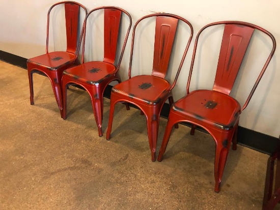 Lot of 4 Restaurant Chairs, All Metal, Distressed Painted Look, Rustic Maroon Color, Nice, Clean