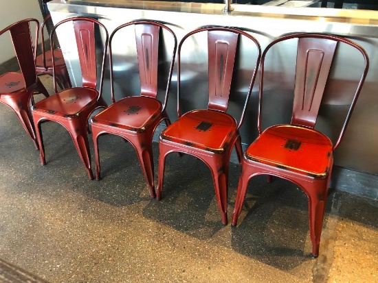Lot of 4 Restaurant Chairs, All Metal, Distressed Painted Look, Rustic Maroon Color, Nice, Clean