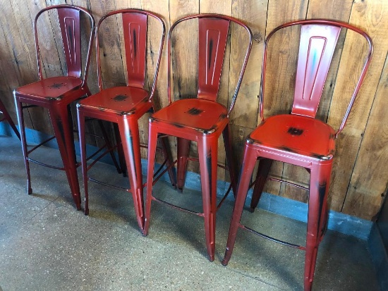 Lot of 4 Restaurant Bar Stools, All Metal, Distressed Painted Look, Rustic Maroon Color, Nice, Clean
