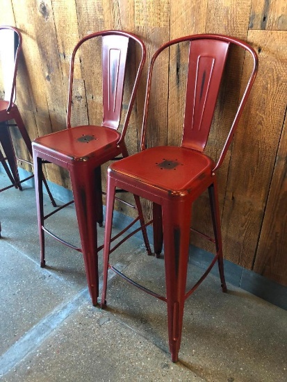 Lot of 2 Restaurant Bar Stools, All Metal, Distressed Painted Look, Rustic Maroon Color, Nice, Clean