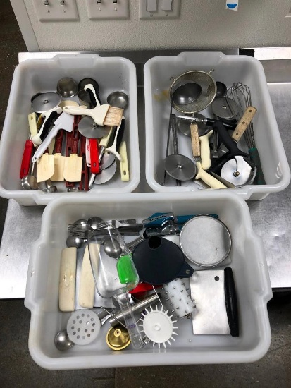 Large Lot of Kitchen Utensils in 3 Bus Tubs, Serving Spoons, Ladels, Pizza Cutters & More