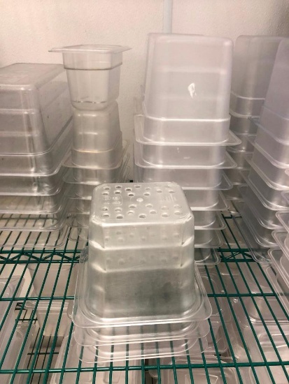 Lot of 24 Plastic Cold Table Food Pans, (14) 1/6 Size 6in, (3) 1/6 False Bottoms, (7) 1/9 Size
