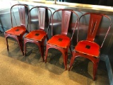 Lot of 4 Restaurant Chairs, All Metal, Distressed Painted Look, Rustic Maroon Color, Nice, Clean