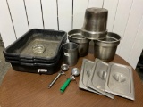 Kitchen Equipment, Bus Tubs, 3 1/3 Size Steam Pan Lids, 3 Soup Well Steam Pans, 2 Scoops, See note