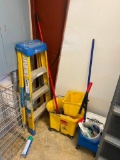 4' Fiber Glass Step Ladder, 2 Mop Buckets, 2 Wire Milk Crates