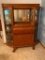 Antique Curved Glass Oak China Cabinet w/ Drop Front Secretary and Drum Shaped Drawer, Claw Foot