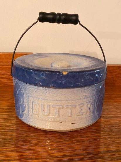 Old Blue and White Stoneware Butter Jar w/ Lid and Wire Handle