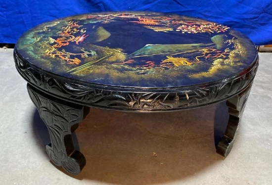 Mid-Century Modern Japanese Low Round Tea Table, Hand Painted Scenes of Mt Fuji, Mother of Pearl