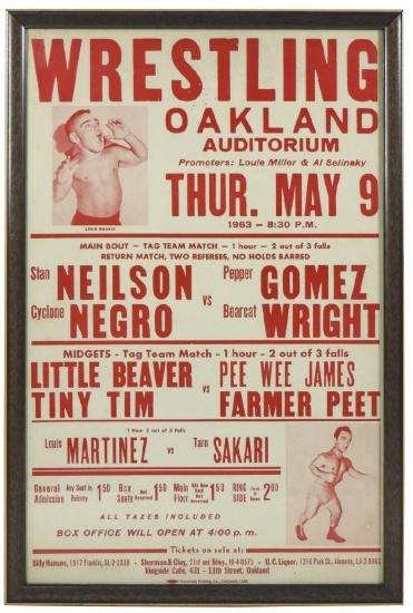 1963 Midget Wrestling Poster, Oakland Aditorium, Tiny Tim, Little Beaver and Others, VG Orig.