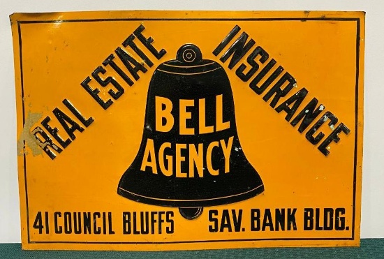 1950s Bell Agency Council Bluffs Real Estate / Insurance Tin Sign, SST, 19in x 13in