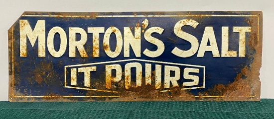 Morton's Salt - It Pours, SST Embossed Tin Sign, 27in x 10in, One Corner Has Small Cut Off Edge