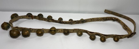 Antique Sleigh Bells on Leather Strap, Primitive w/ Brass Bells