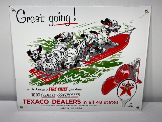 SSP Texaco Fire Chief Gasoline Dealers Sign, Dalmatians on Sled, Made in USA 1-9-56 13in x 15in
