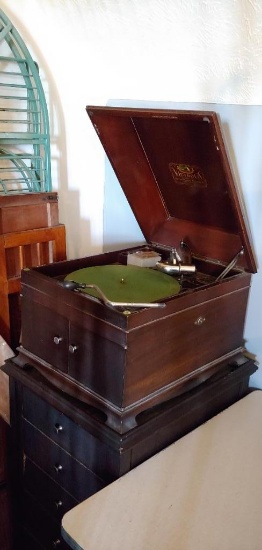 Victrola Antique Countertop Phonograph, Victor Talking Machine Co. w/ Matching Base Record Cabinet