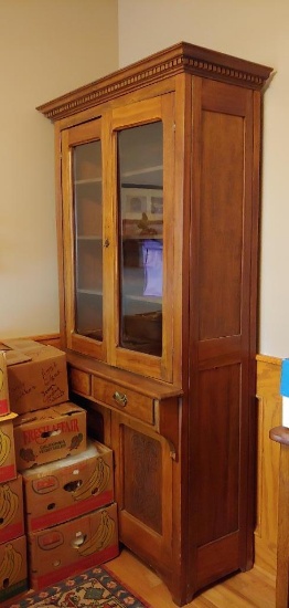 Early Pine Kitchen Cupboard with Two Upper Glass Doors & Lower Storage Area & Two Doors, Refinished