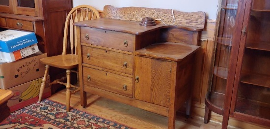 Anitque Oak Telephone 3 Drawer Buffet w/ Step Down Side Cabinet