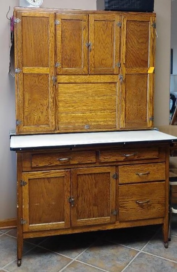 Antique Porcelain Top Hoosier Kitchen Cabinet, Professionally Restored w/ Galvanized Flour Bin