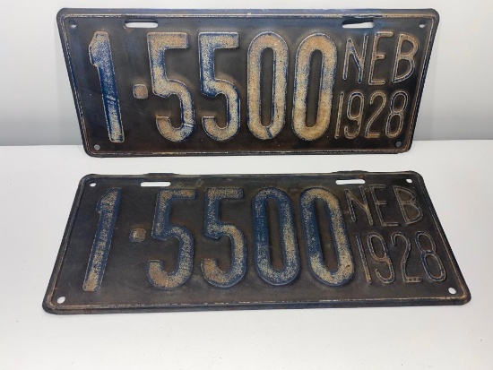 1928 Nebraska License Plates, Matching Set, VG Condition, Douglas County