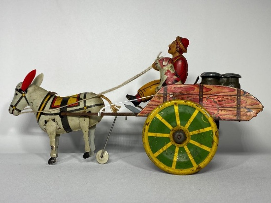 Early Louis Marx & Co. - Hee Haw - Keywind Tin Toy, VG Condition w/ Key, Driver, Dog & Donkey Intact