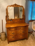 Antique Curved Front Dresser w/ Mirror, Oak