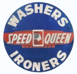 Advertising sign, Speed Queen Washers & Ironers, reflective metal w/wood backing, VG cond, 42