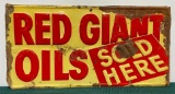 Red Giant Oils Sold Here Embossed Tin Sign, SST, Local Council Bluffs Co, Stout Sign Co. 24in x 12in