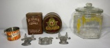 Lot of 7 Misc Advertising Pieces, 2 Tins, Coffee, Dills Best Tobacco, 4 MoorMan Pieces, Planters Jar