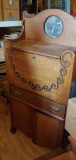 Antique Oak Drop Front Secretary Cabinet w/ Small Round Mirror