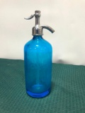 Czech Glass Blue Crystal Clear Sparkling Soda Water Seltzer Bottle, Made in Czechoslovakia