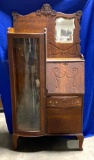Antique Curved Glass China Cabinet and Drop Front Secretary, 71in x 33in x 15in